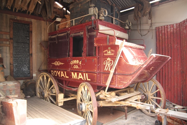 An original Cobb & Co coach, showing the thoroughbrace suspension of overlapped leather between the front and back wheels. Compare the turn of the wheels, here at their maximum angle!